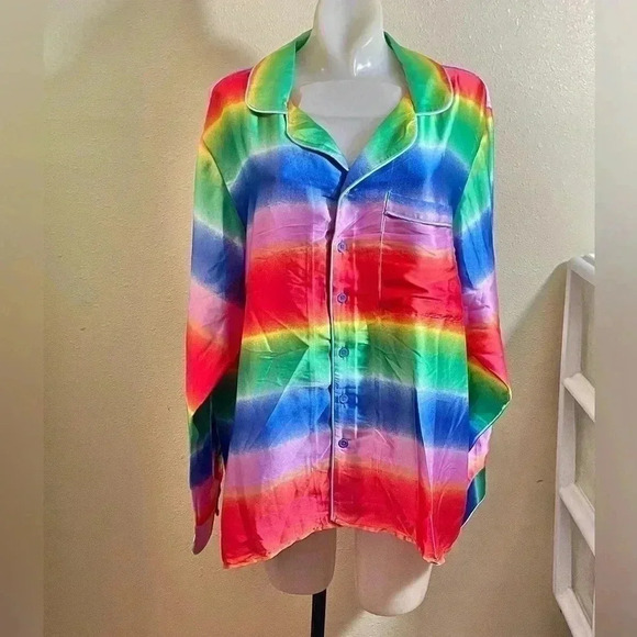 Nordstrom BP Size M Satin Pajama Top Shirt Red Multi Rainbow Ombre NEW - Picture 1 of 11